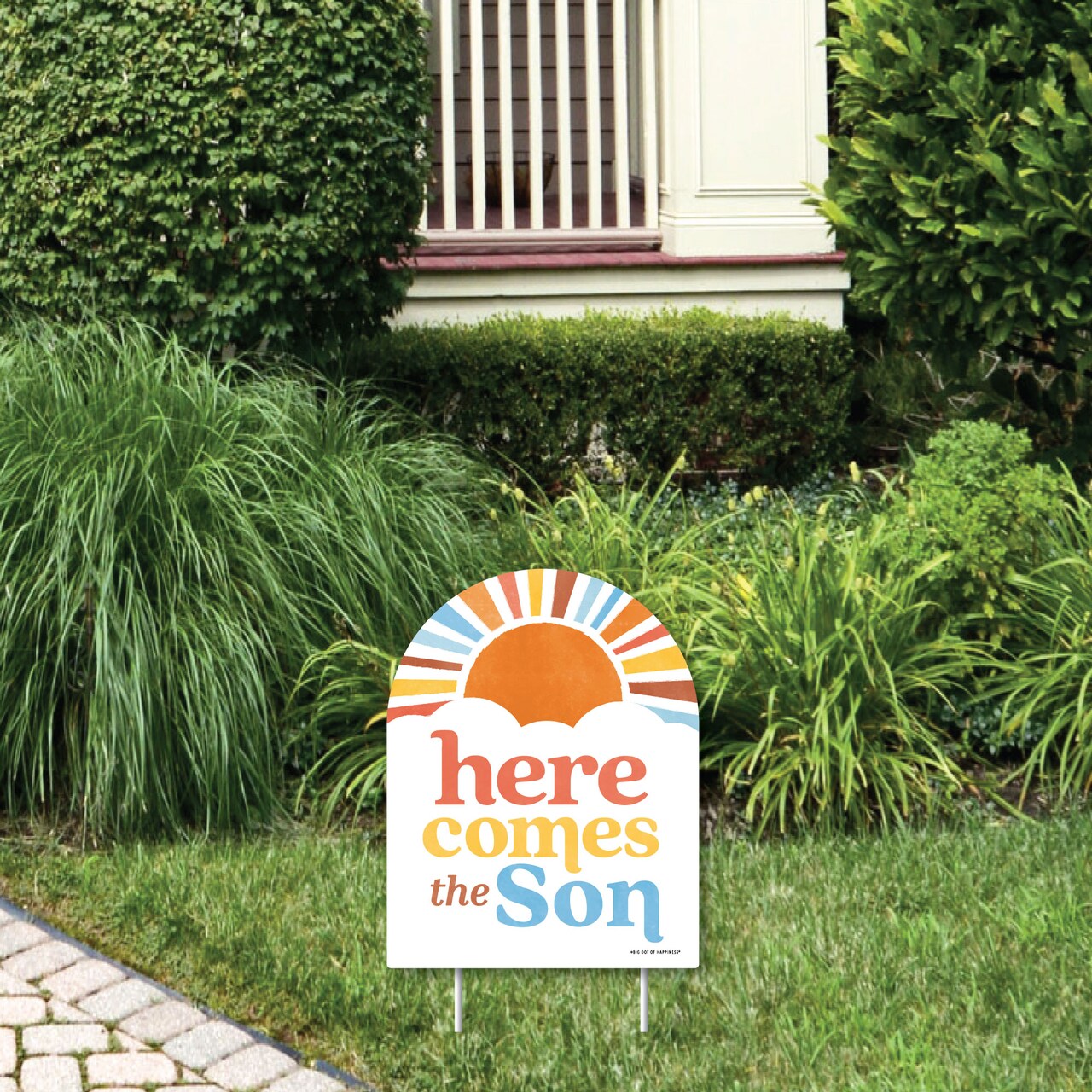 Big Dot of Happiness Here Comes The Son Small Outdoor Lawn Decoration, Boy Boho Baby Shower Welcome Yard Sign - 1 Piece